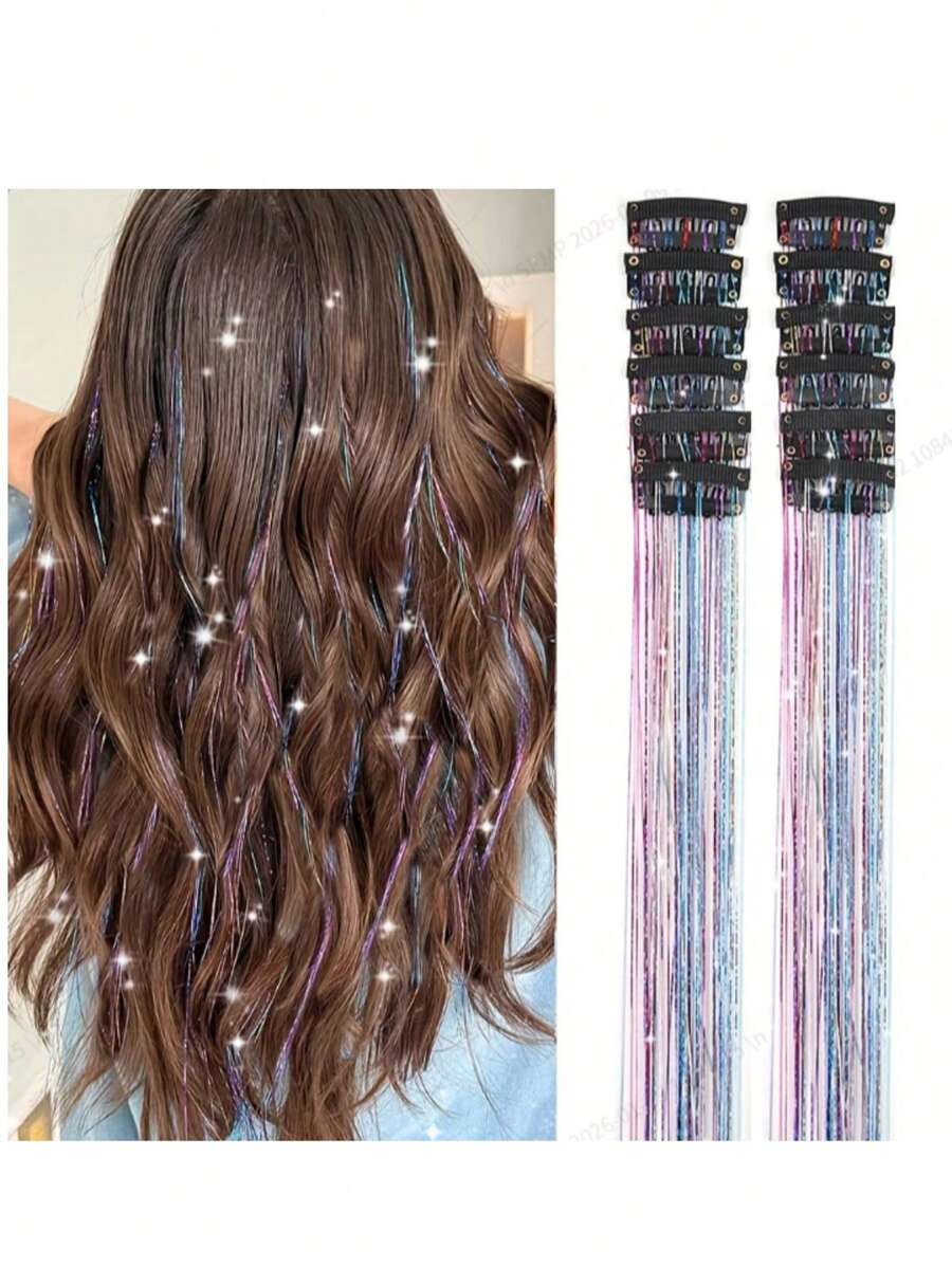 12Pcs Sparkling Hair Tinsel Extensions Clips, 19.6" Glitter Strands, Heat-Resistant Shiny Fairy Hair Accessories For Women, Vacation Style, For All Ages 14+
