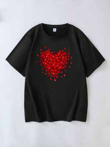 Heart Print T-Shirt, Casual Top, Women's Clothing For Spring And Summer. Suitable For Daily Wear, Music Festivals, Vacations And Commuting. - Black - View 4
