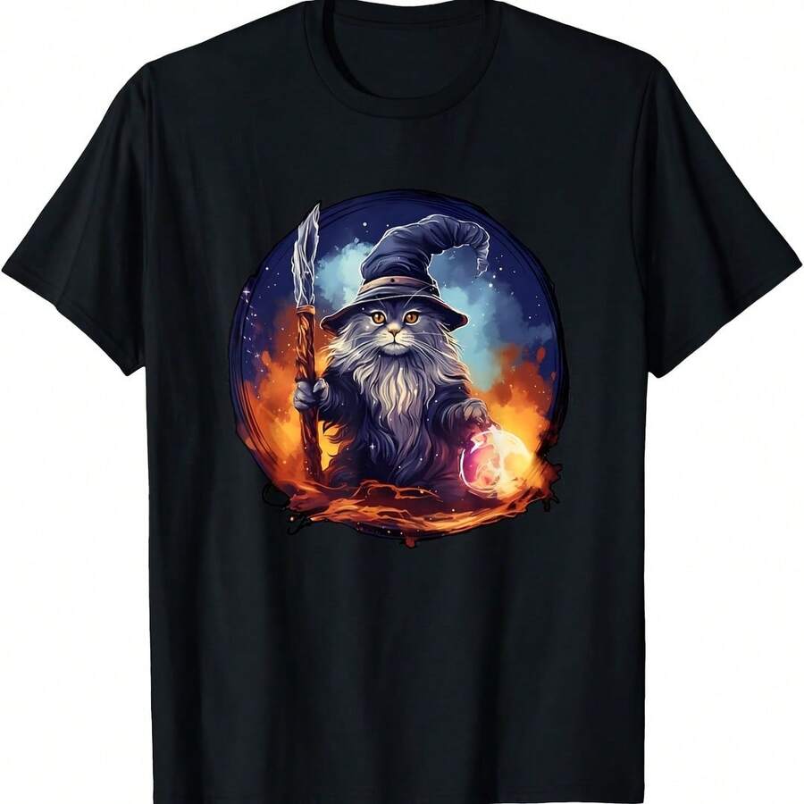 Magical Feline Sorcerer Encting Wizard Cat T-Shirt - Gris - Ver 1
