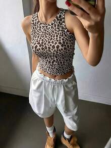 女士无袖休闲豹纹修身短款上衣，夏季新品 - 白色 - 查看 5
