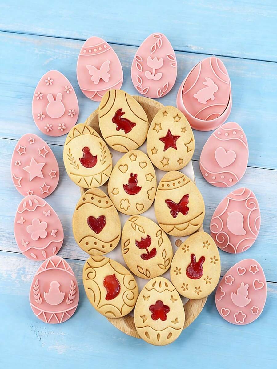 10pcs Easter Cookie Cutter Set, Cookie Mould Press, Easter Eggs Cookie Cutter Set With Plunger Stamps Set, Kitchen Tools, Plastic Cookie Stamps - Multicolor - View 1