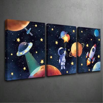 3 لوحات مطبوعة على قماش مع إطار خشبي، رائد فضاء في الفضاء، صاروخ، كائن فضائي، كوكب، فن ديكور سماء مليئة بالنجوم، خيال علمي، لوحة مائية، ديكور جداري للمنزل