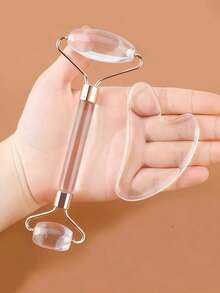 1/2 Pcs Resin Massage Roller Set, Double-Headed Massage Roller + Gua Sha Board, Eye & Face Massage, Muscle Relaxation, Dual-Head Massage Stick, Beauty Board, Facial Massage Tool, Envelope Bag Packaging - Clear - View 3