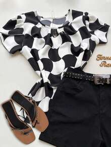 Áo thun nữ kiểu dáng thường ngày/đi làm, họa tiết kẻ caro vuông đen trắng, cổ tròn nhún bèo, tay phồng, có dây rút, thích hợp cho mùa xuân/hè. - Đen và trắng - Xem 1