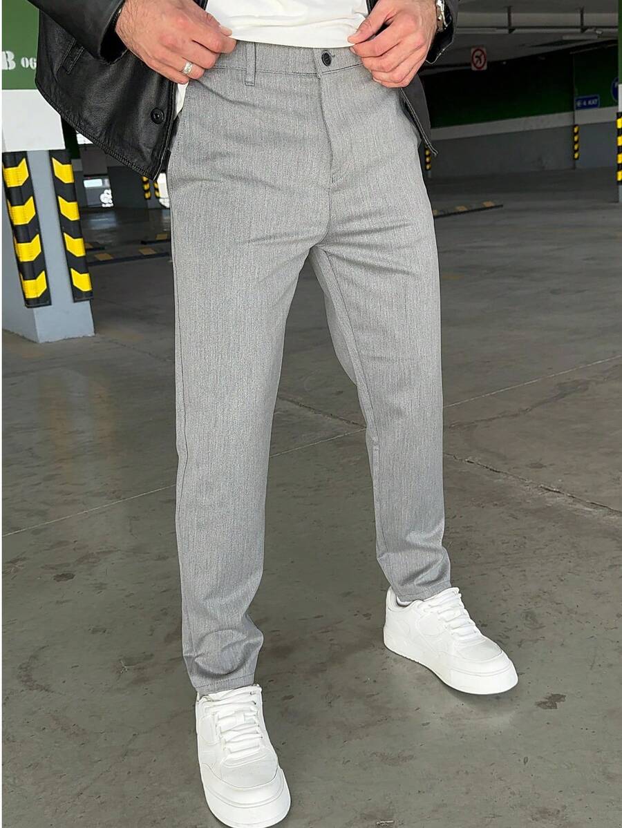 Men's Straight Leg Casual Suit Pants With Pockets, Suitable For Daily Commute - Grey - View 1