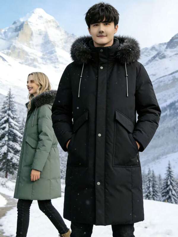 Parka de plumón a juego para San Valentín | Abrigo largo de invierno de 90 % plumón de pato blanco | Ropa de abrigo para senderismo en la nieve suiza