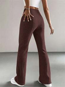 Fashion Me Solid Color Ribbed Ribbed Elastic Waist Straight Leg Polyester Blend Brown Casual Pants, Versatile Minimalist Daily Commute Style, Suitable For All Seasons, Valentine's Day Spring - Brown - View 2