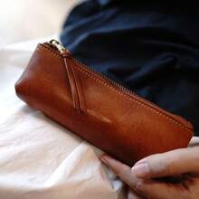 1pc Vintage Minimalist Large Capacity Pencil Case, PU Leather Storage Bag, Makeup Brush Organizer Pouch, Portable Travel Organizer Bag