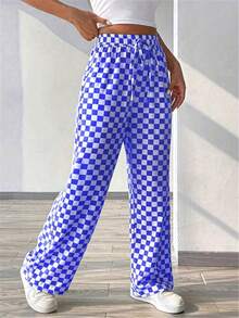 Plaid Print Casual Loose Drawstring Wide Leg Pants - Blue - View 3