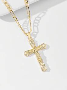 1pc Classic European Style Copper Inlaid Zirconia Jesus Cross Pendant Necklace, Limited Edition "Light Of Protection", Suitable For Christmas, Thanksgiving, Halloween, Mother's Day, Valentine's Day, Gifts For Couples, Friends, Church Members, First Holy Communion, Daily Wear And Prayer - Yellow Gold - View 2