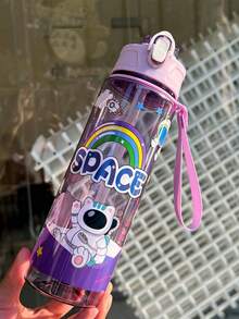 1个750毫升/26盎司可爱卡通宇航员主题塑料吸管水瓶，带提手，防漏瓶口，便携耐用，倒置防溢，适合跑步、骑行、旅行、节日和生日礼物