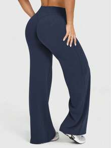 Y2K Aesthetic Fold Over Two Ways Wear Wide Leg Pants For Women, Super Stretch Soft Tummy Control Butt Lifting High Waist Retro 2000s Casual Going Out Fitness Flared Trousers - Navy Blue - View 4