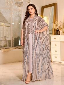 Solessence Plus Size V-Neck Batwing Sleeve Robe, Asymmetric Contrast Sequin Applique, Non-Stretch Fabric, Elegant Women's Dignified 2-Piece Dress Set - Apricot - View 6