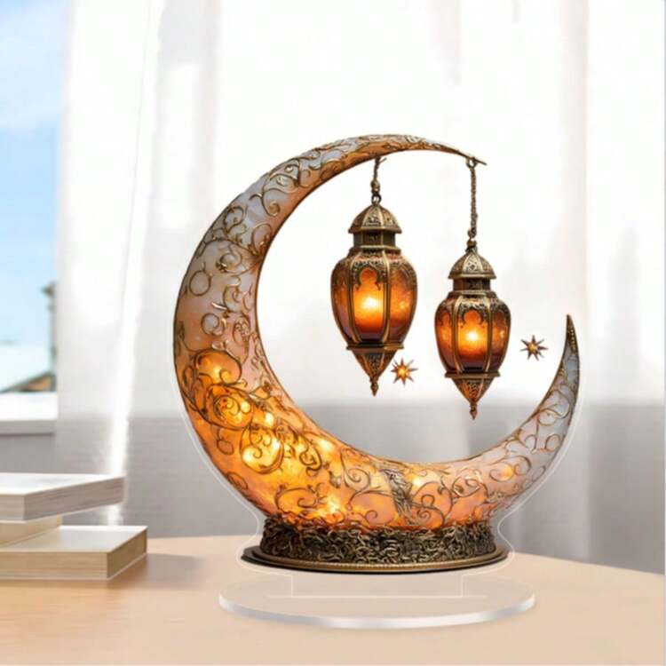 Lámpara decorativa de Ramadán de acrílico 2D, con tema de estrella y luna, sin necesidad de alimentación eléctrica, adecuada para decoración de escritorio en el hogar y la oficina, regalo ideal para la familia - Multicolor - Añade 6