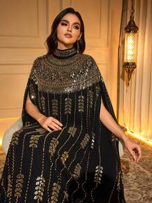 Elegant Long Abaya With Gold Beaded & Embroidered Details, Batwing Sleeves, Stand Collar, Black Woven Fabric, Non-Stretch - Black - View 1