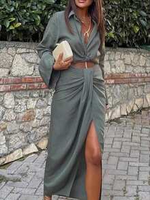 New Solid Color Soft Satin 2 Pieces Set, Suitable For Spring/Summer Home Wear, Work Commute, Music Festivals And Christmas Elegant - Grey - View 2