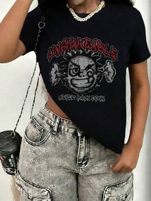 Tween Girl Cotten Clothes,Y2K-Inspired Letter Print T-Shirt - Casual Crew Neck, Short Sleeve, Machine Washable - Perfect For Spring/Summer/Fall,Fashion, Streetwear, Unisex, Men, Women - màu đen - Xem 3