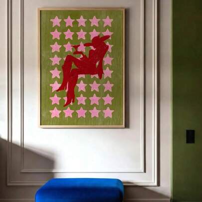 1幅装裱/未装裱西部牛仔女郎帆布海报，橄榄绿红色剪影吧台车风格，时髦墙面艺术印刷品，Y2K学院风时尚画作，适用于宿舍、客厅、卧室、现代家居装饰