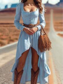 Women's Casual Long-Sleeved Retro Western Solid Color Irregular Square Neck Dress (Without Belt), Suitable For Travel And Parties. - 淺藍色 - 查看 4