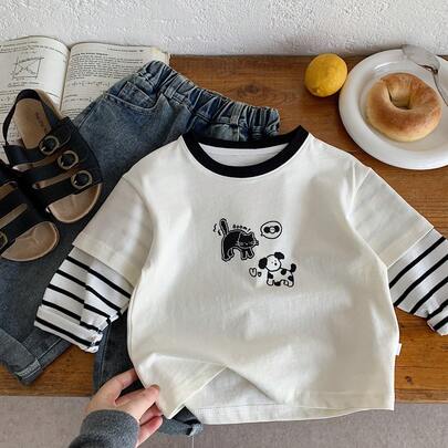 Áo thun dài tay 2 trong 1 cho bé trai, mẫu mới mùa xuân 2026, họa tiết động vật nhỏ, phối màu thời trang dễ thương, đa năng.