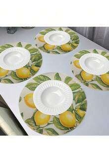 4/6 buah Alas Meja Bundar Motif Lemon Kuning, Anti Selip, Dapat Dicuci dengan Mesin, Bahan Linen Tahan Lama, Kerajinan Tenun, Cocok untuk Dekorasi Meja Dapur dan Makan, Dekorasi Liburan, Ukuran: 37cm - MultiWarna - View 3