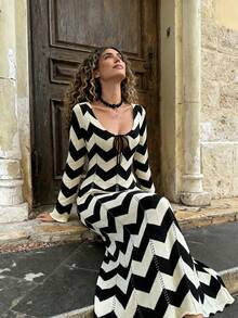 Women's Romantic French Retro Sexy Elegant Casual Vacation Comfortable Travel Contrast Color V-Neck Knitted Bow Tie Front Maxi Dress, Suitable For Daily, Evening Date, Beach, Country Music Festival, Brunch, Spring/Summer - Black and White - View 9