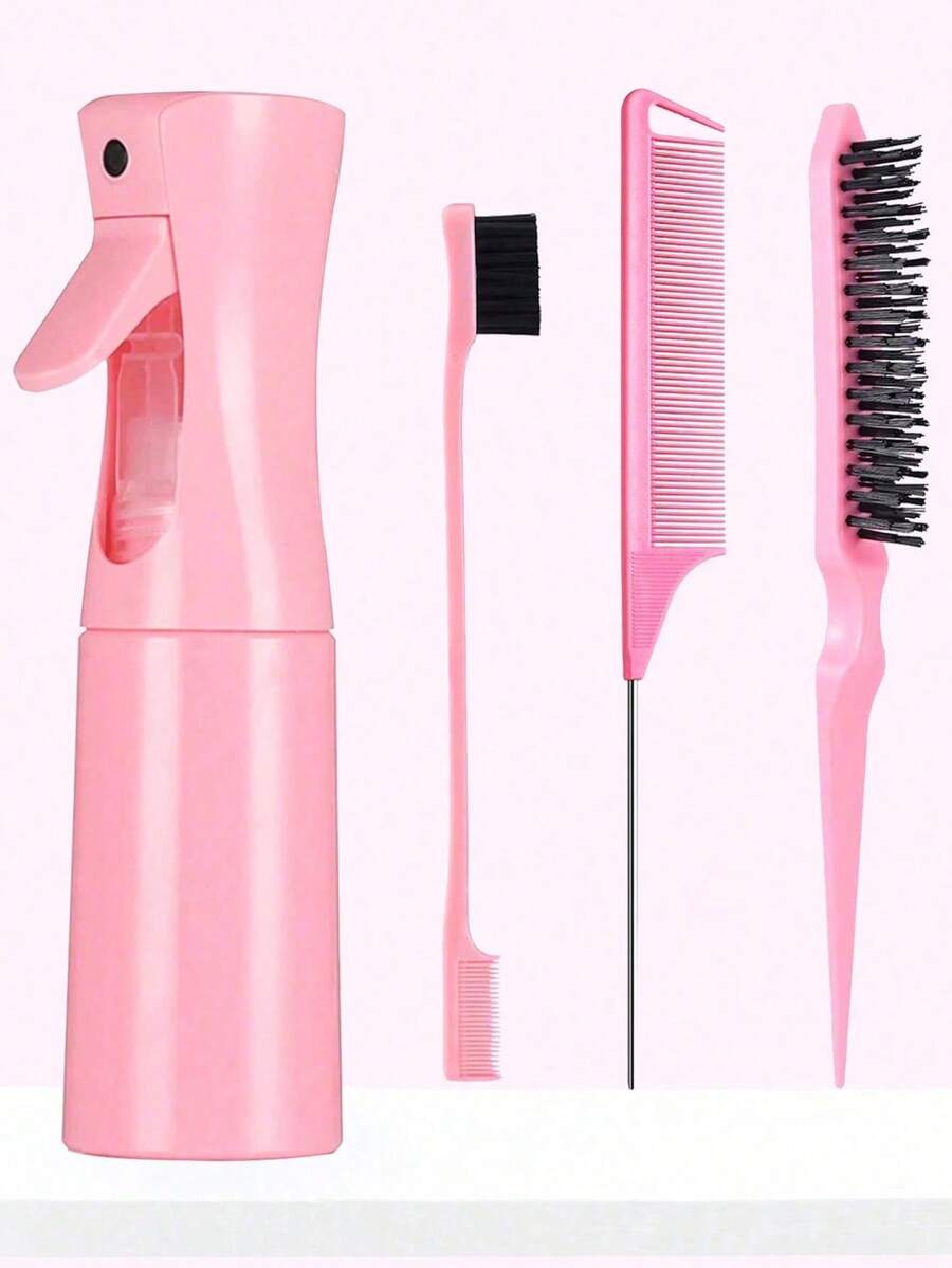4pcs Spray Bottle And Hairbrush Set, 1 Spray Bottle + 1 Pointy Tail Comb + 1 Eyebrow Brush + 1 Fluffy Comb, Hair Brush For Boys And Girls, Comb Brush For Wet And Dry Curls, Parting Brush, Brush For Coarse And Fine Hair Treatment, Makeup, Black Five Set, Christmas Set Back-To-School Season - Hồng - Xem 1