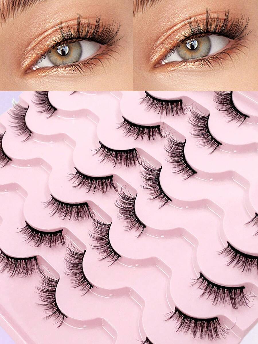 ENCHUW 16 Pairs Natural Half Eyelashes,Cat Eye Soft Stem Wispy Manga Lashes,Lightweight False Eyelashes - Black - View 1