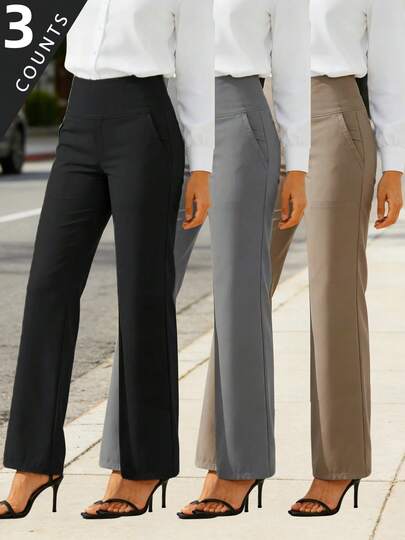 3-Pack Women's Straight Leg Pants | High Waist Stretch Trousers For Daily Commute & Casual Wear | Office To Weekend Versatile Bottoms (Khaki+Grey+Black)