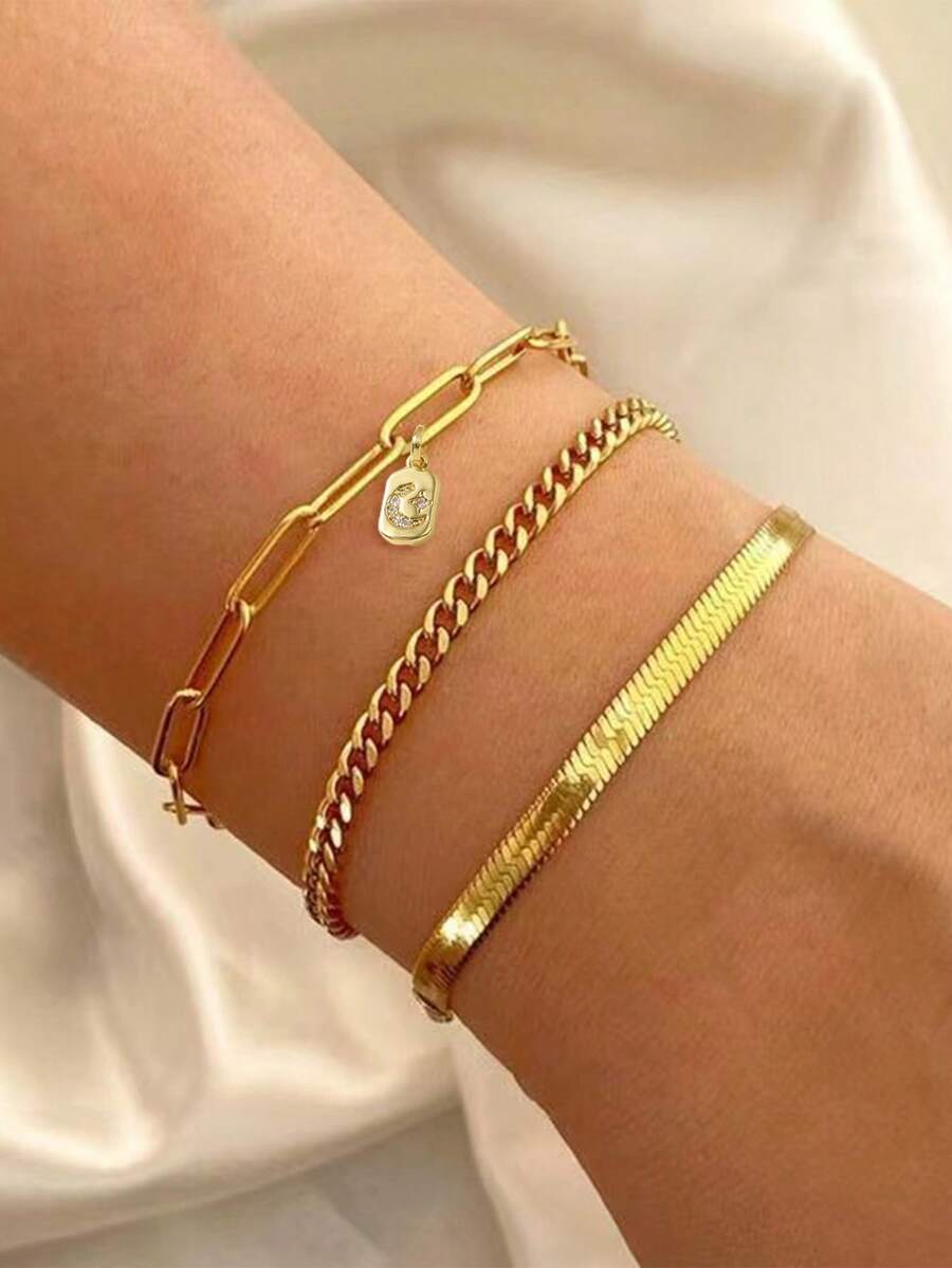 Tkool 3pcs/Set Fashionable Minimalist Multi-Layer Gold-Tone Bracelet, Classic Chic Summer Vacation Gold Star Moon Block Pendant, Stainless Steel Blade Chain & Curb Chain Layered Bracelet For Women (Chain, Clasp & Bead Quantity Random) - Yellow Gold - View 1
