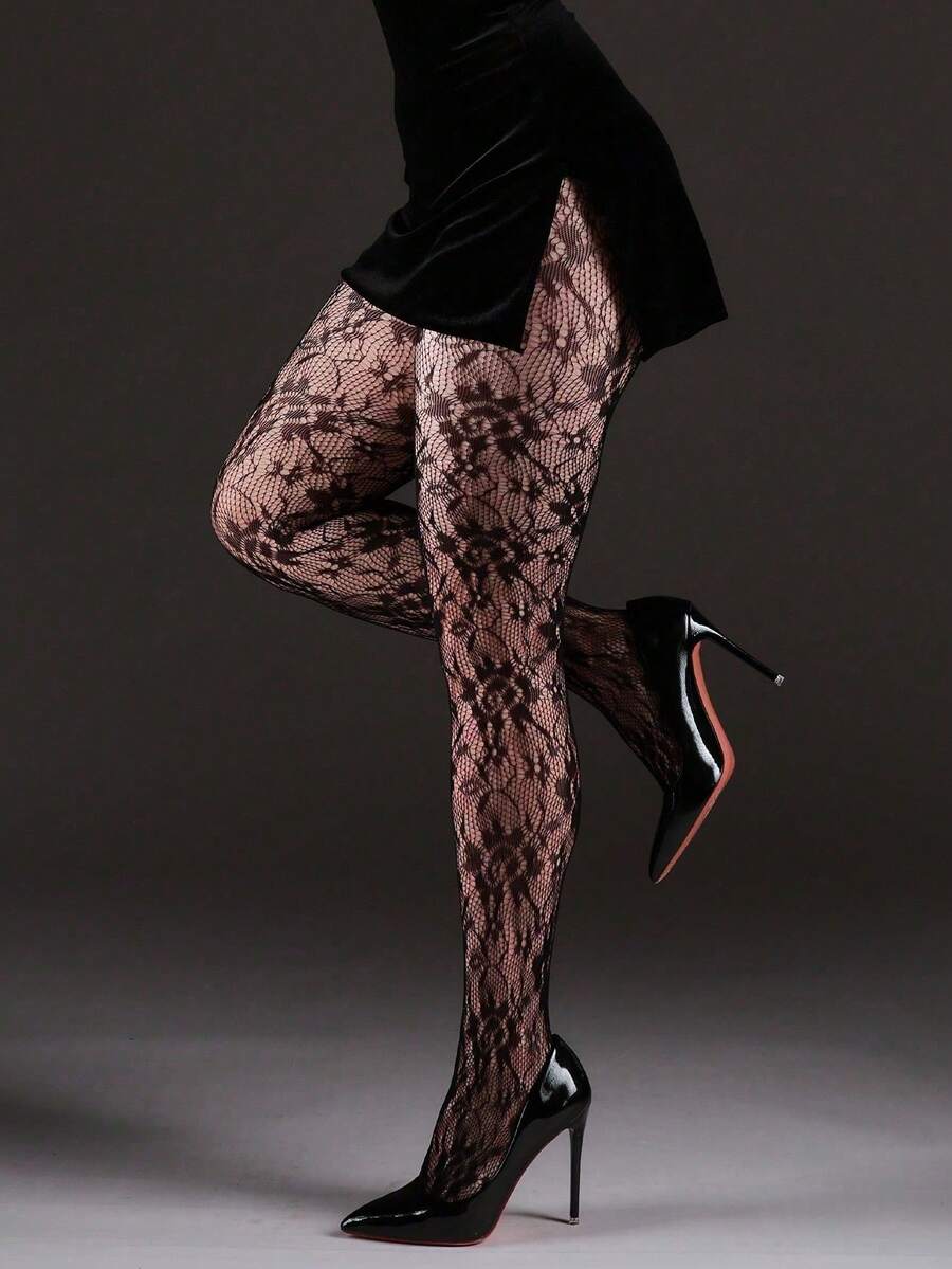 1pc Women's High Stretch Trellis Net Pantyhose, Fashionable Sexy Hollow Out Retro Black Stockings, Suitable For Halloween, Christmas, Y2K Style - 黑色 - 查看 1