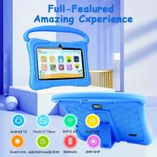 Qetupa 7-Inch Kids Tablet, 64GB ROM, 4GB RAM, Android 13, Suitable For 3-14 Years Old, 2.4G WiFi, GSM, Eye Protection Mode, Educational Functions, Parental Control, Includes Silicone Protective Case