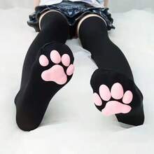 1 Pair 3D Cat Paw Meat Pad Knee High Socks, Home Floor Socks,Creative Funny Socks For Girls - màu đen - Xem 2