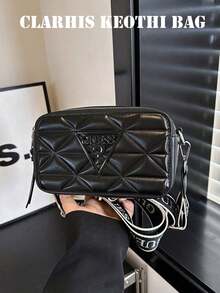 女士小方包，多功能休闲单肩包/斜挎包，时尚绗缝设计，配有宽肩带，相机包，字母三角形小方绗缝图案，纯黑色PU材质，顶部配有顺滑五金拉链。 - 黑色 - 查看 1