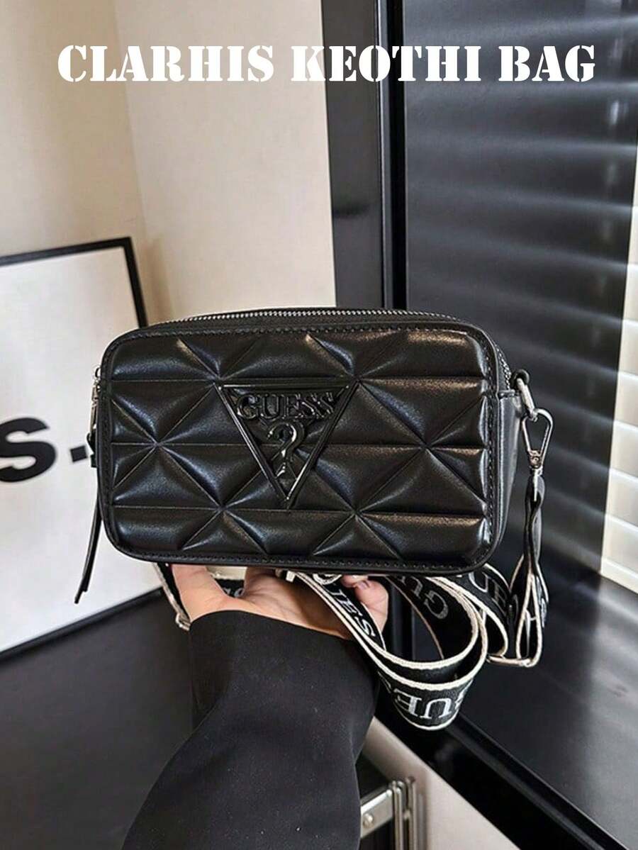 女士小方包，多功能休闲单肩包/斜挎包，时尚绗缝设计，配有宽肩带，相机包，字母三角形小方绗缝图案，纯黑色PU材质，顶部配有顺滑五金拉链。 - 黑色 - 查看 1