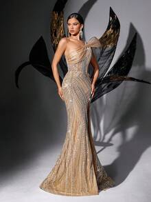 柔软闪亮纯色不对称领口亮片条纹开衩无袖连衣裙，适合春季婚礼派对 - 杏色 - 查看 6