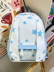 Star Print Backpack With Transparent Pocket, Student Backpack, Casual Large Capacity Bookbag - Multicolor - View 8