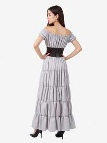 Summer Outfits For Women, A Two-Piece Renaissance And Medieval Pirate-Style Peasant Outfit, An Irish-Style Petticoat (Paired With A Brown Belt), A Fitted And Elegant Long Dress Style, Suitable For Halloween, Christmas Parties And Daily Wear Occasions. - 灰色+棕色 - 查看 4