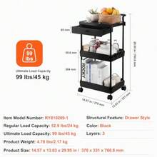 Carrito utilitario rodante de 3 Niveles con cajón Carrito de Cocina con Ruedas bloqueables Carrito de Almacenamiento Multifuncional con asa para Oficina Sala de Estar Cocina estantes - como en la foto - Ver 8