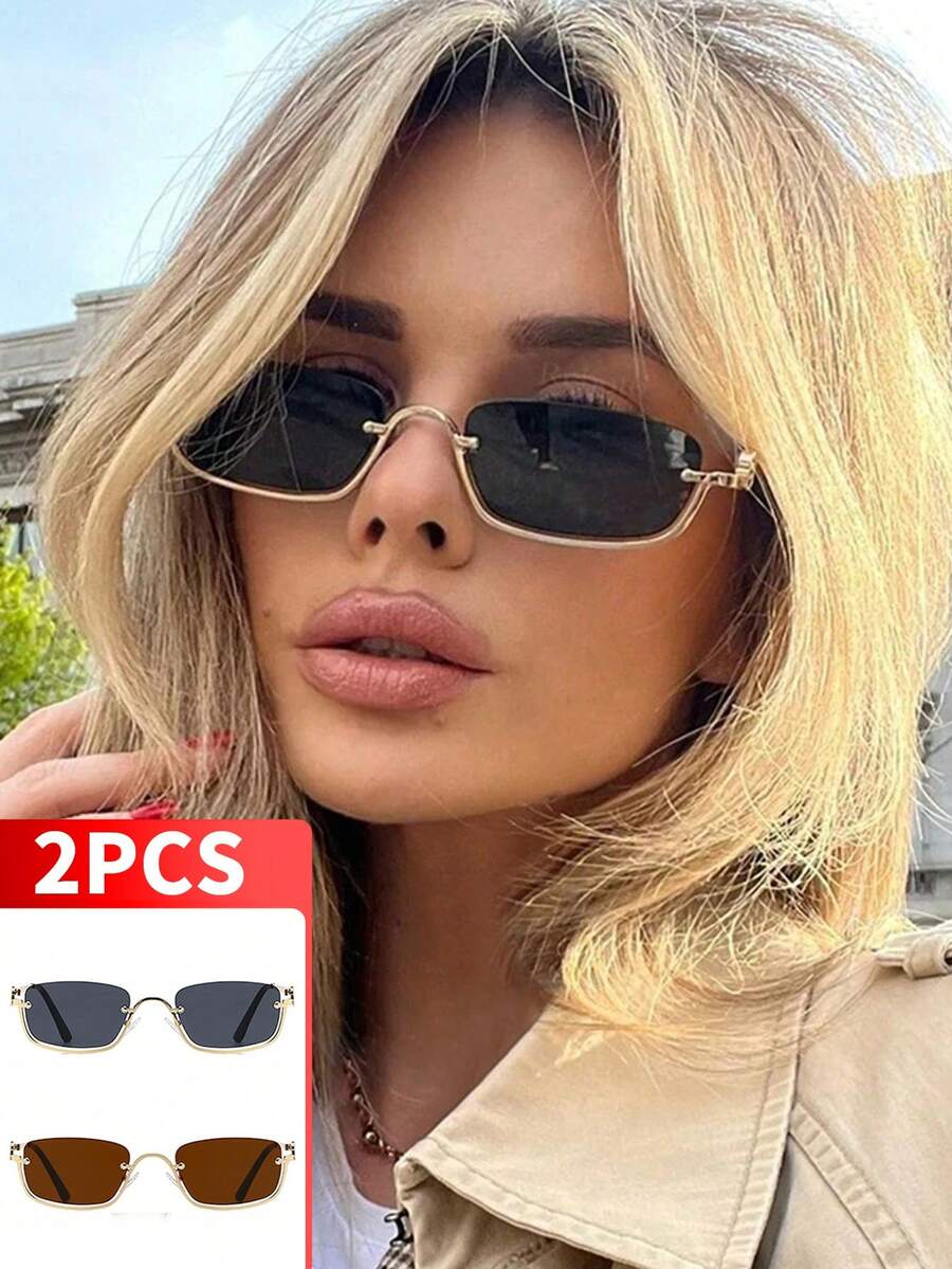 2pcs Women's Fashion Metal Half-Frame Square Glasses, Stylish Eyewear Suitable For Daily Outings, Driving, Travel, Runway Shows, Parties