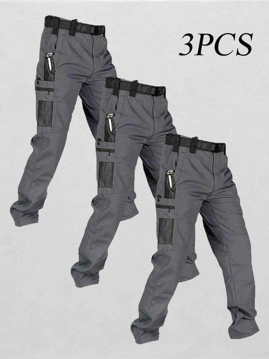 3Pack Men'S Outdoor Cargo Pants | Multi-Functional Pockets, Lightweight, Ripstop, Durable, Suitable For Camping, Hiking, Fishing, Ideal For Spring, Summer, And Autumn Seasons - Grey+Grey+Grey - View 1
