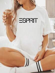 2025秋冬新款女式短袖T恤，ESPIRIT品牌Logo设计，休闲风格，100%纯棉面料，透气舒适，宽松版型，适合夏季日常穿着，时尚百搭，适合春季、夏季、情人节、婚礼、外出、优雅、休闲、度假等场合。 - 白色 - 查看 5