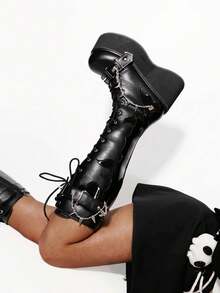 Goth Platform Boots For Women Back To School Punk Motorcycle Boots Mid Calf Round Toe Boots Back Zip Wedges Fall Boots - Đen 2 - Xem 8