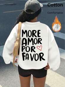 MORE LOVE PLEASE Warm And Comfortable Fleece Lined Sweatshirt With Heart & Letter Design, Soft And Skin-Friendly, Ideal For Casual Outings Or Lounging At Home. This Oversized White Crew Neck Sweatshirt For Women Is Suitable For Spring, Autumn And Winter, With Cartoon Print For A Casual Chic Look. - White - View 3