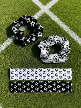 Set de 2 piezas Bandas para el cabello y diademas deportivas, con estampados de fútbol, 1 pieza Scrunchie de satén deportivo y 1 pieza Diadema elástica transpirable, Accesorios de cabello elásticos de satén de moda casual para deportes, para hombres y mujeres, jugadores de equipos, regalos, decoración de muñequera, Juego de diademas negro y blanco para entrenamiento