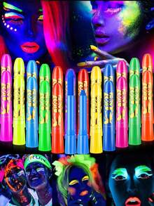 6pcs Fluorescent Black Crayons, Neon Face & Body UV Light Painting Set, UV Light Painting Pigments, Neon Face Painting Pigments, Adult Halloween Costume Party Makeup, Carnival Party Essential, Cosplay, Party - Multicolor - View 1