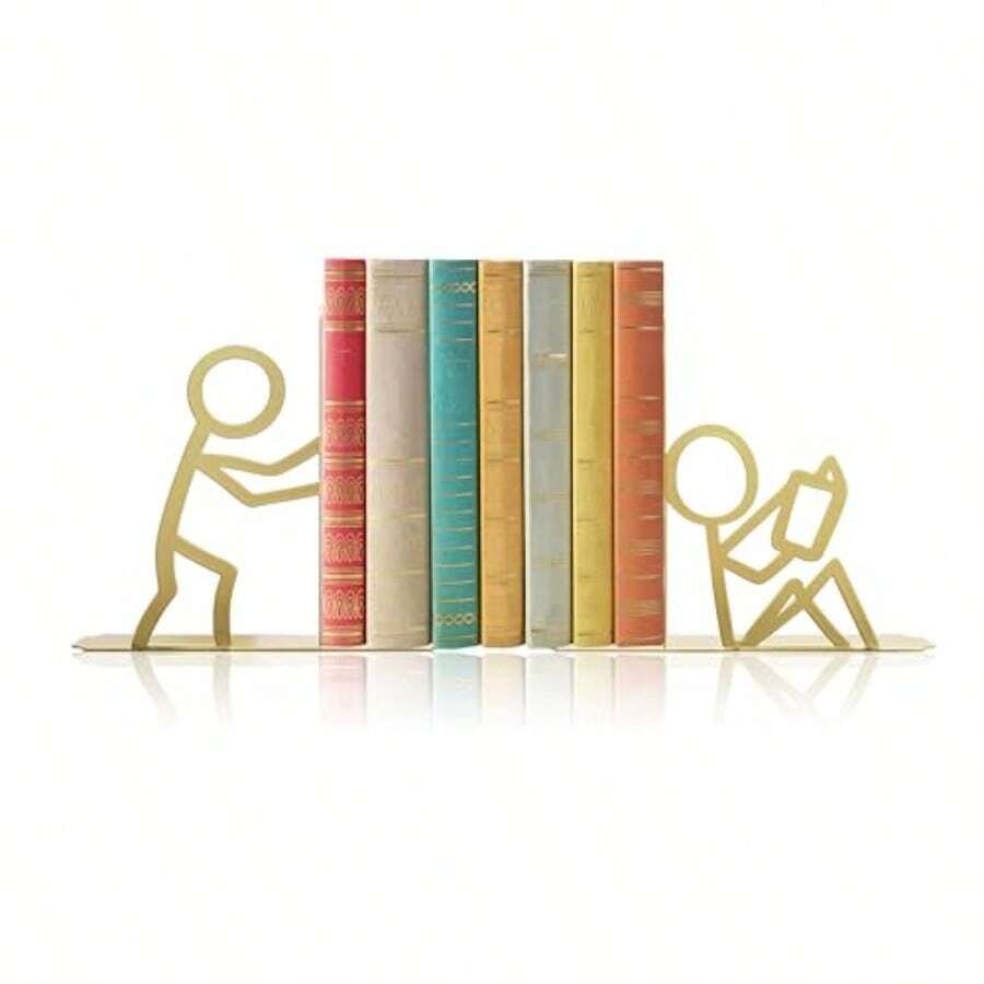 Bookends Decorative Metal Unique Office Desk Bookends Cute Book Ends Reading Decor Bookshelf Decor For Office School Library Bedroom Book Lovers Gift - 金色 - 查看 1
