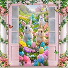 2 piezas planas, 1 pieza Decoración de puerta de conejito de Pascua - Material de poliéster, patrón de conejito en campo de flores de tono macaron, apto para decoraciones de jardín y fiestas interiores y exteriores, sin fuente de alimentación requerida, tema de conejito - 1 pieza - Ver 2