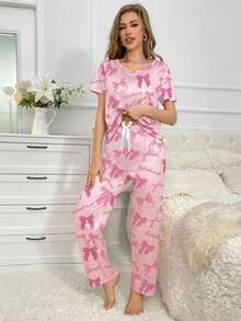 Women's Casual Bow & Letter All-Over Print Pajama Set - Multicolor - View 4