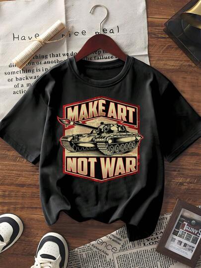 Men's Summer Short Sleeve T-Shirt Retro Style "MAKE ART NOT WAR" Tank Graphic Print Casual Streetwear Loose Fit Crew Neck Tee Top For Daily Wear Vacation  Fashion Comfortable Cotton Blend Fabric